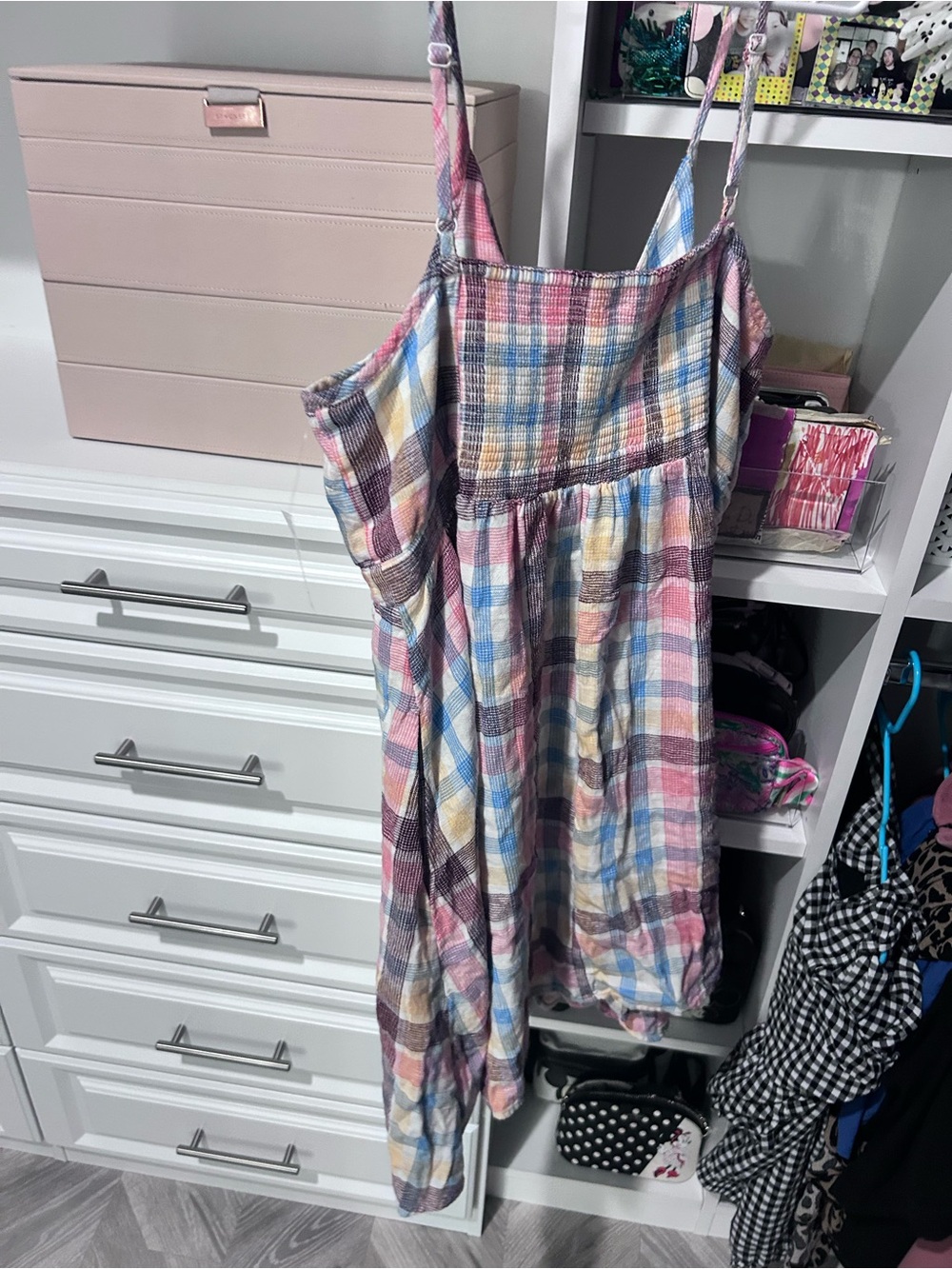 Old Navy Pink, Blue & Cream Plaid Tie-Front Spaghetti Strap Dress - Picture 2 of 4